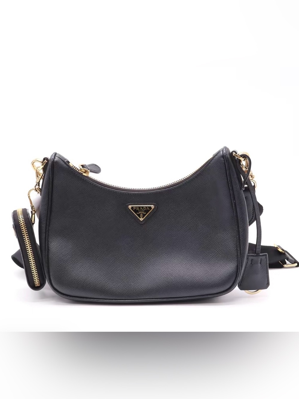 Prada Black Saffiano Leather Crescent Shoulder Bag with Gold Hardware